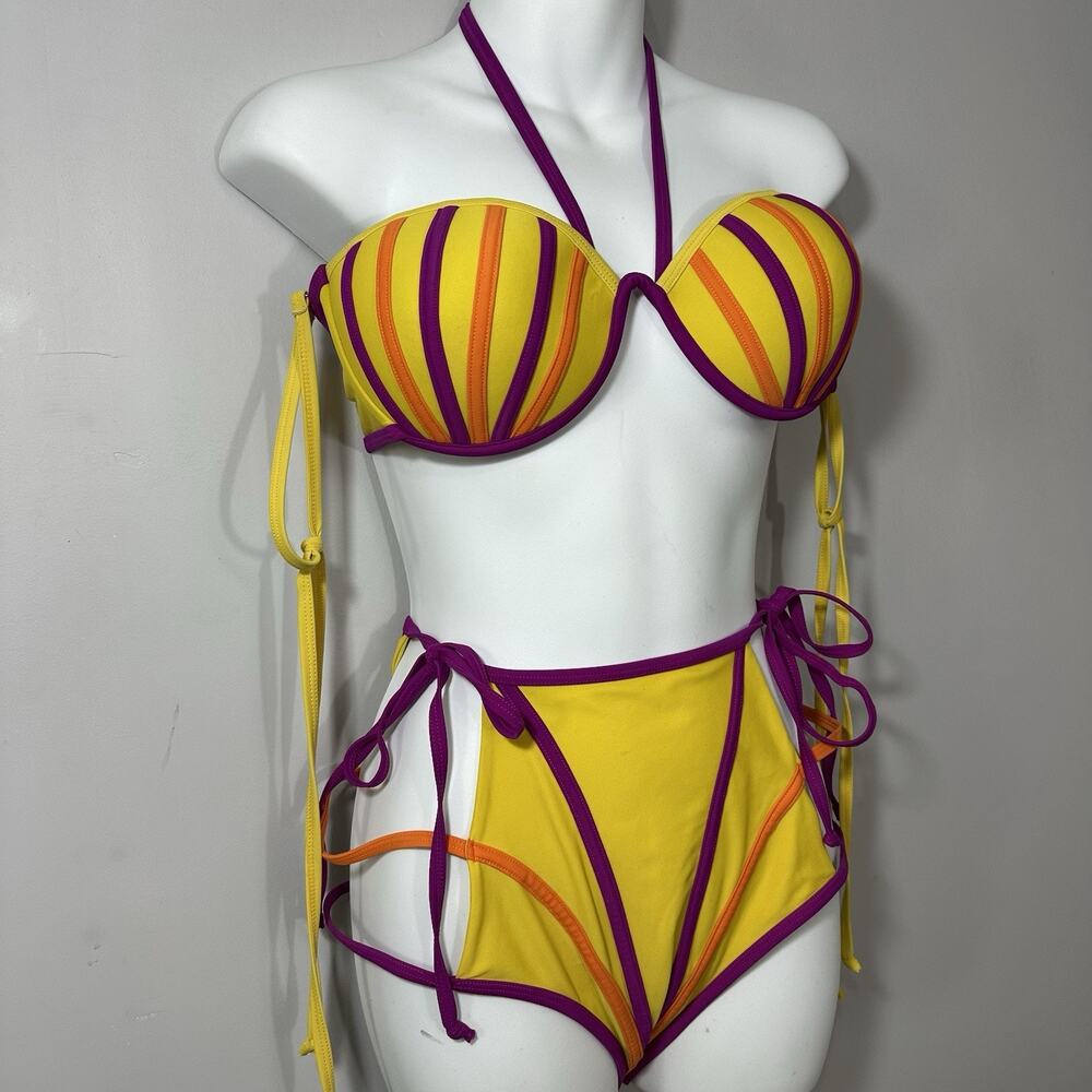 Andrea Iyamah Bikini Womens Yellow High Rise Sz XL Swimsuit Cut Out Resort Vacay - Picture 13 of 13